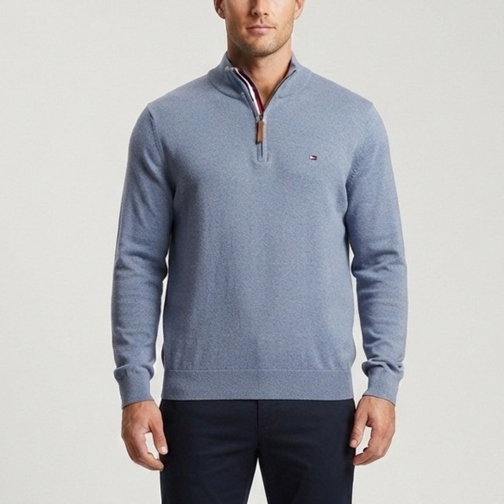 Tommy Hilfiger Mens 3XL Blue Heather 100% Cotton Quarter Zip Sweater Pullover